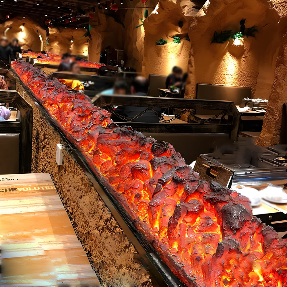 Charcoal burner lighter with a realistic flame effect, placed on a bar counter.