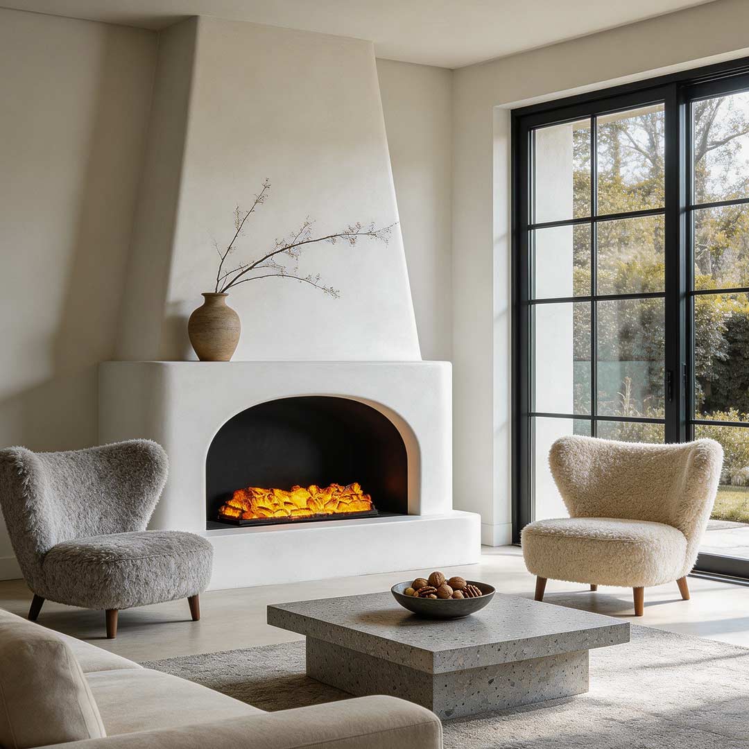 Charcoal burner lighter with a realistic flame effect, placed in a cozy living room.