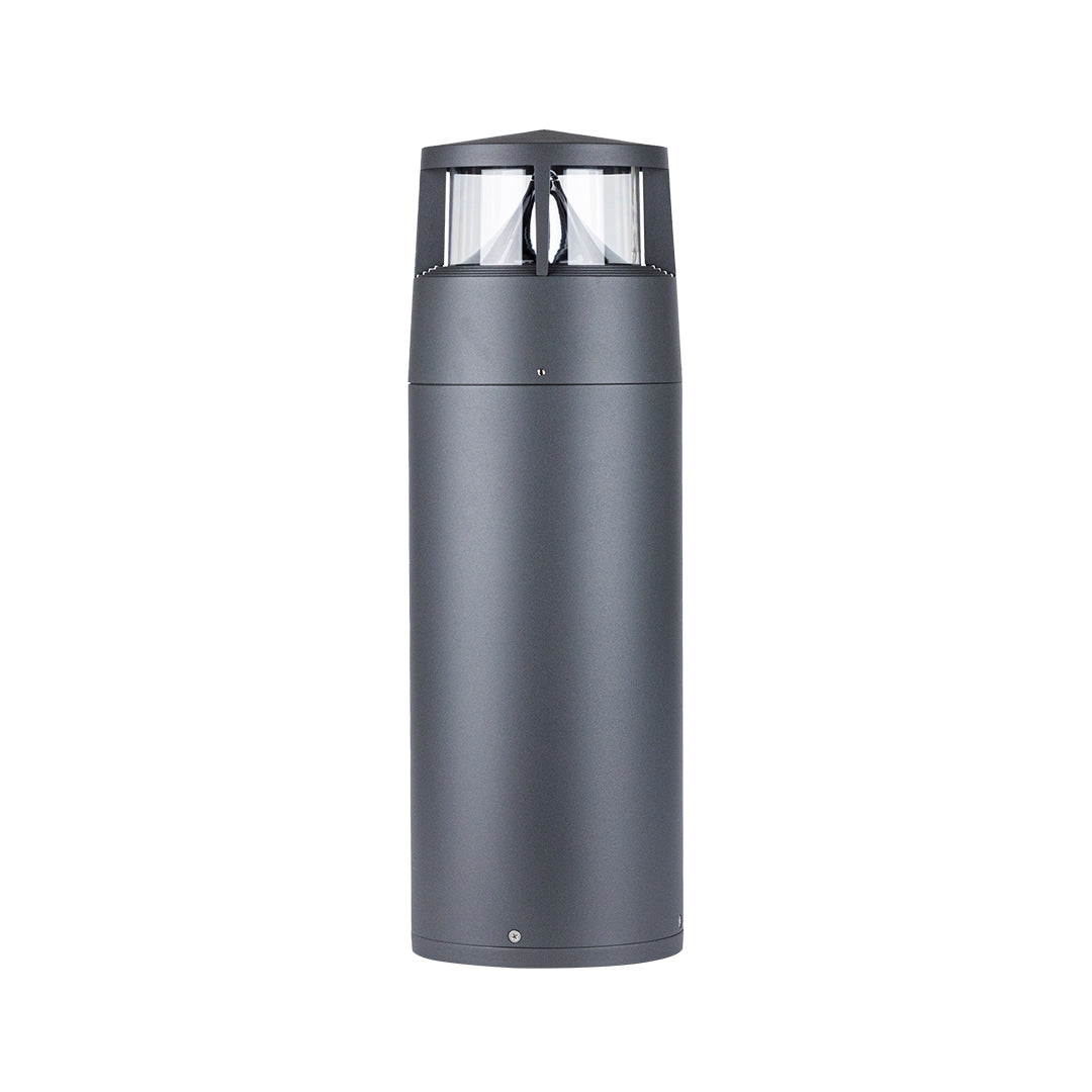 Sleek charcoal cylindrical bollard fixture with integrated top lighting element and clean lines