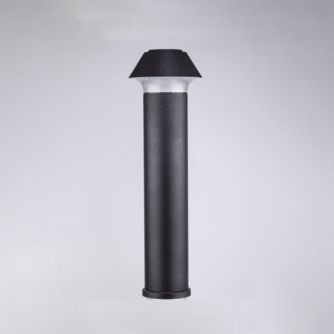 Sleek charcoal bollard fixture with tiered top design for professional landscape lighting applications