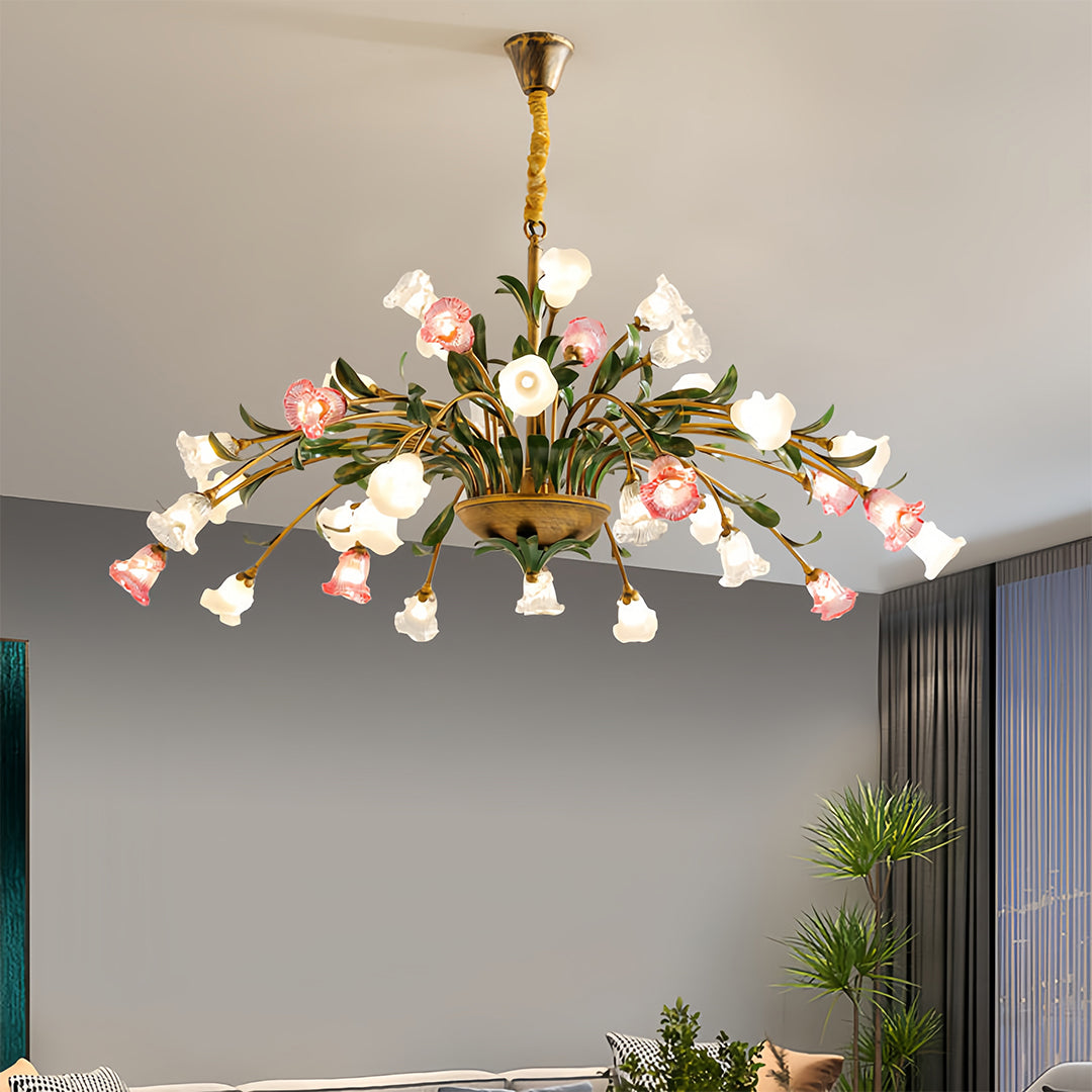 Charming vintage floral chandelier with pink and white blooms in modern living room setting