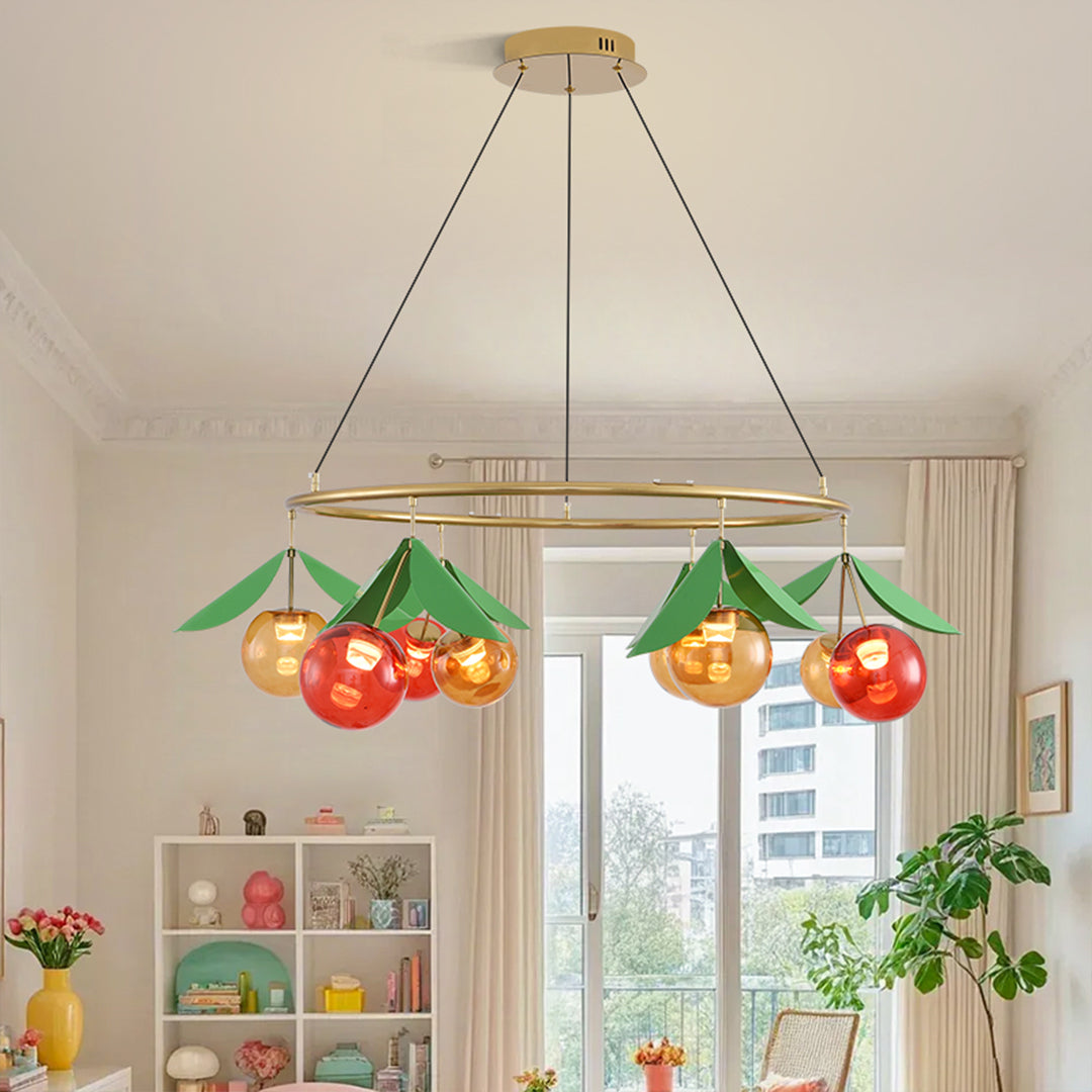 Cherry chandelier creating vibrant focal point in contemporary dining space with natural lighting