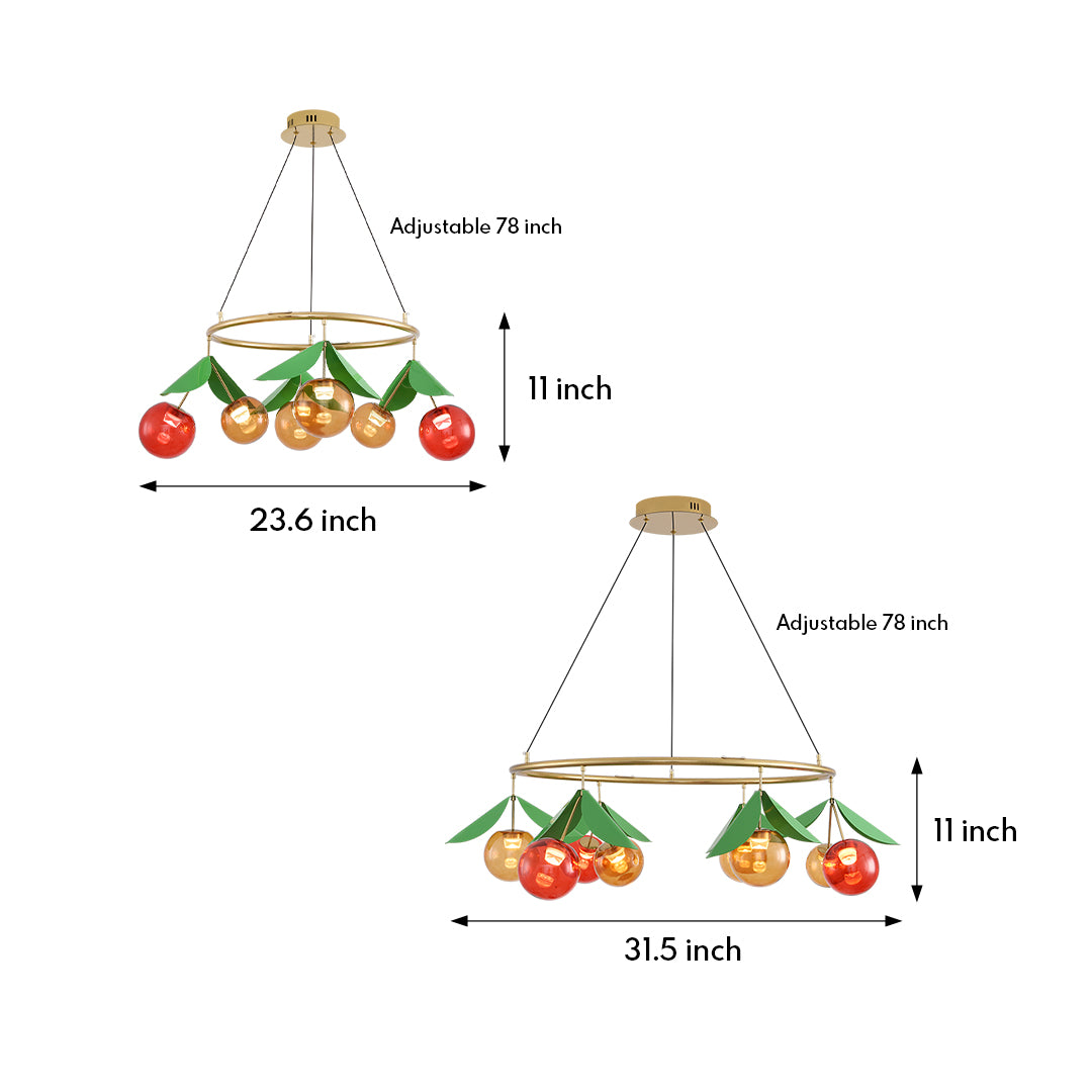 Technical drawing of cherry chandelier showing dimensions and design specifications with multiple fruit-shaped glass pendants