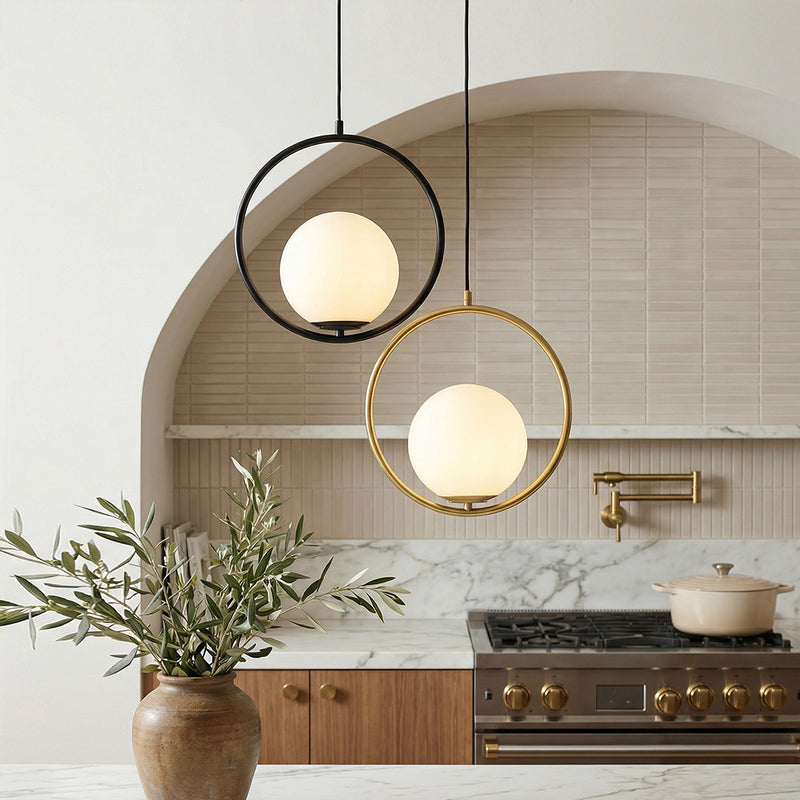 Opal Glass Ball Suspended with Circle Metal Gathering Pendant Light