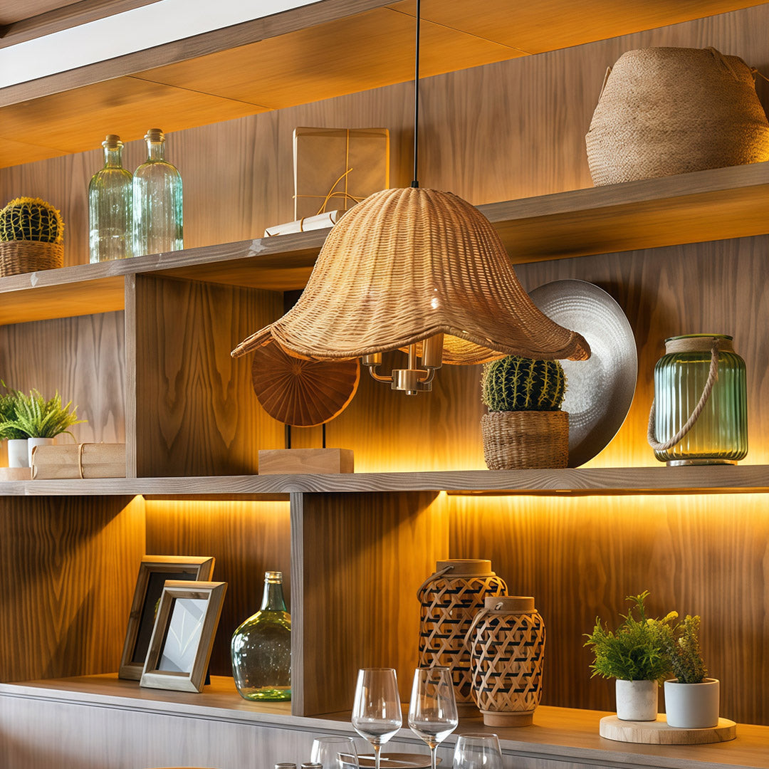 Hanging rattan pendant lights in a chic cafe, offering a rustic charm and soft light for dining areas.