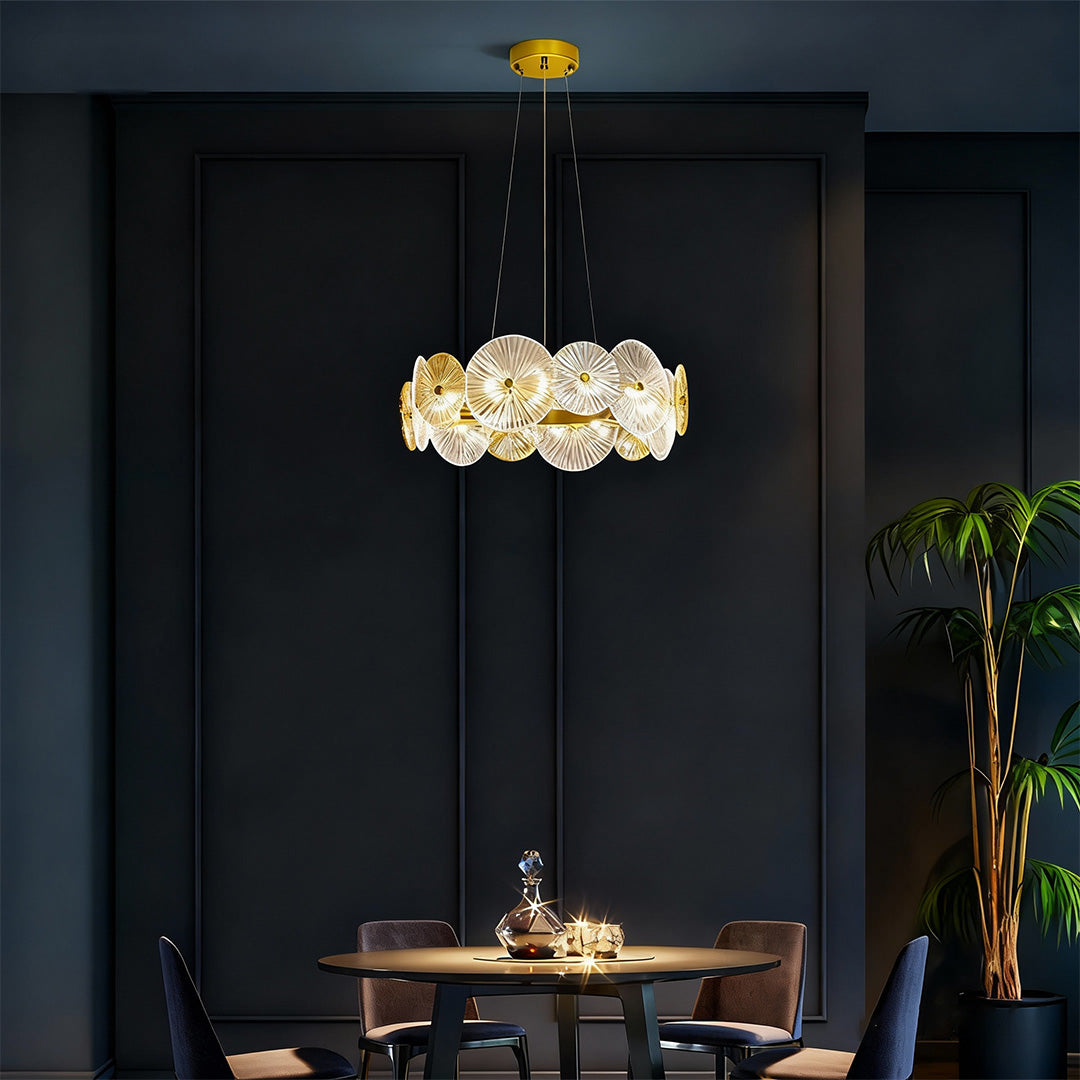 Large glass chandelier in a chic dining area, elegant and luxurious lighting for gatherings