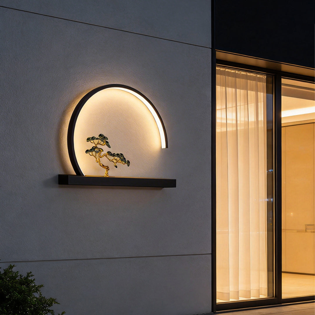 Chinese Greeting Pine Outdoor Wall Light with a close-up of its elegant pine silhouette and warm glow.