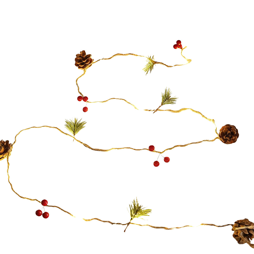 Natural themed Christmas LED string lights featuring pinecones and small red berries in a loose spiral layout.