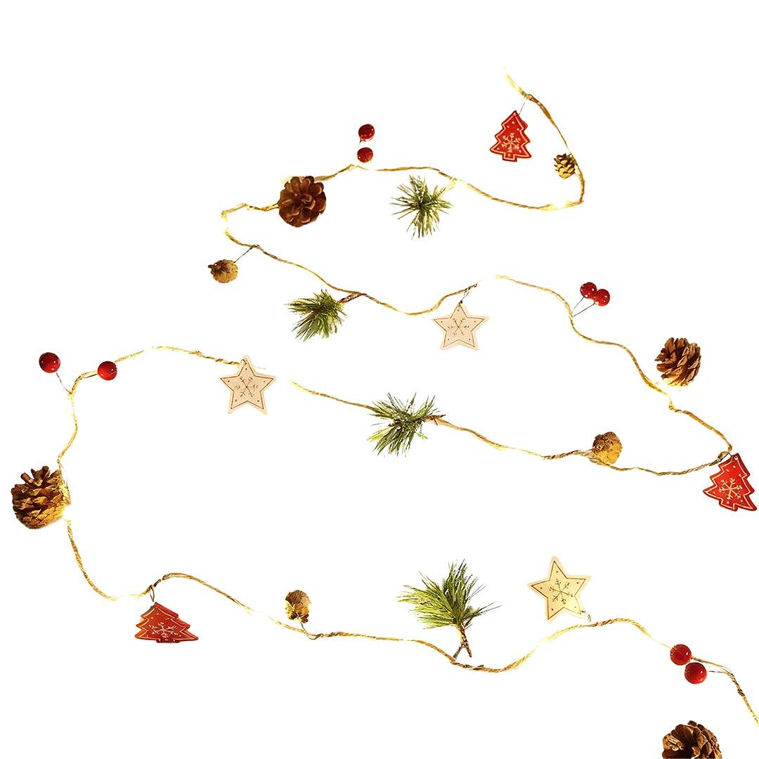 Christmas LED string lights with small ornaments including stars, pinecones, and greenery arranged in a tree layout.