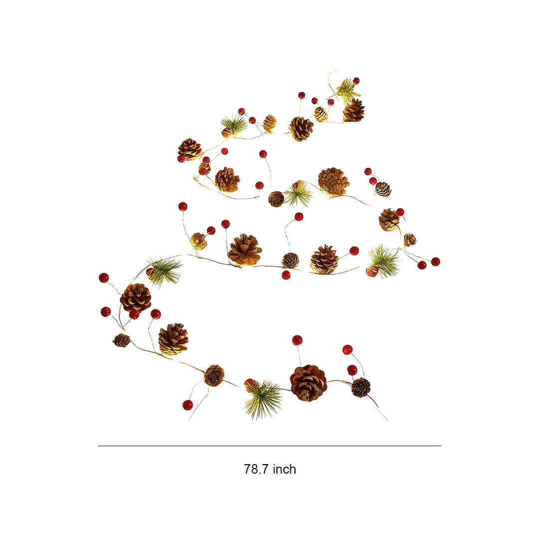 Warm white Christmas LED string lights arranged in a tree-shaped layout with pinecones and red berries.