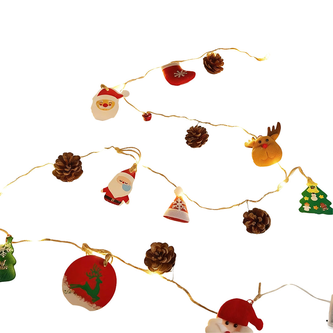 Christmas LED string lights decorated with cute mini ornaments like Santa, balls, and festive icons.