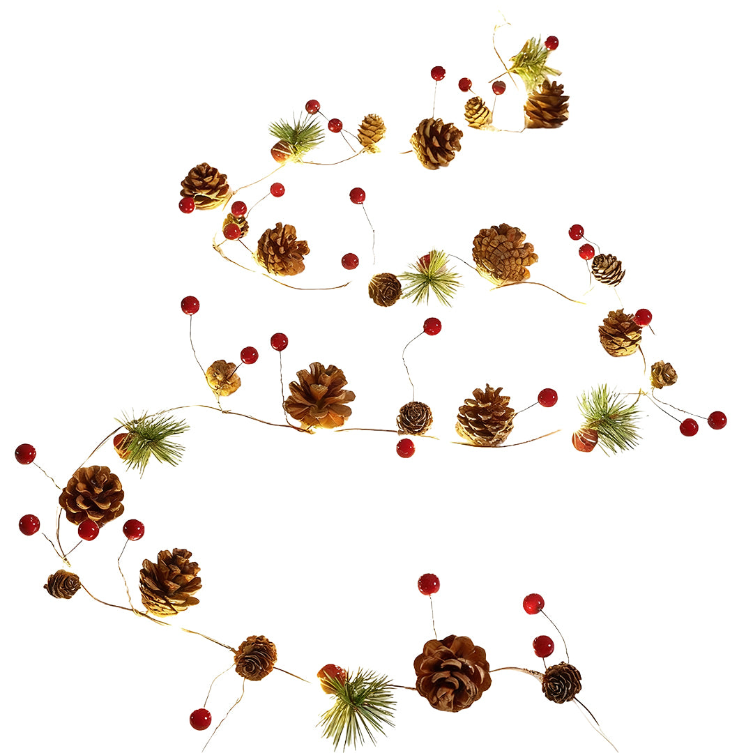 Decorative Christmas LED string lights with pinecones, berries, and greenery arranged in a festive tree pattern.