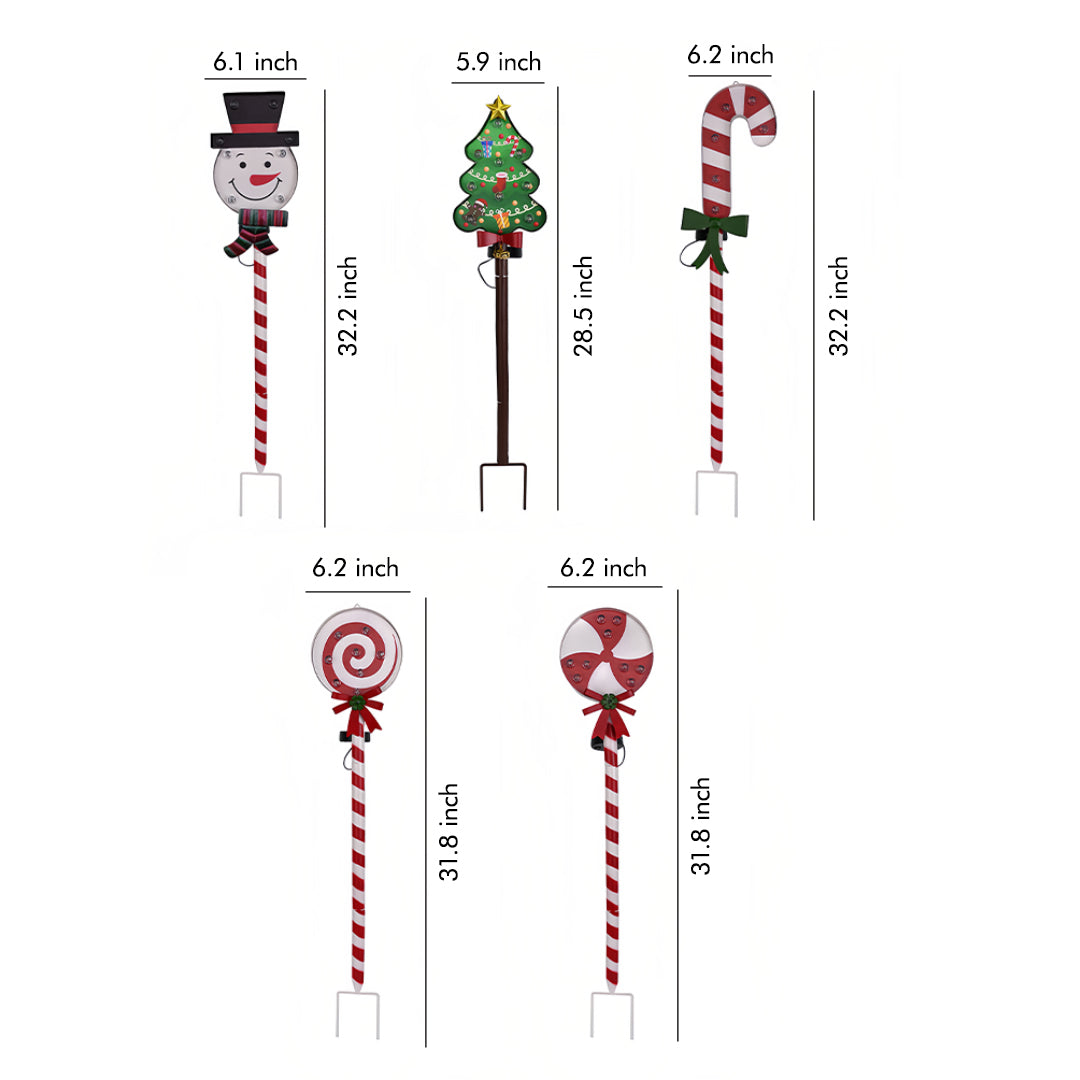 Holiday-themed ground stakes for Christmas lights featuring various festive shapes like candy canes and ornaments.