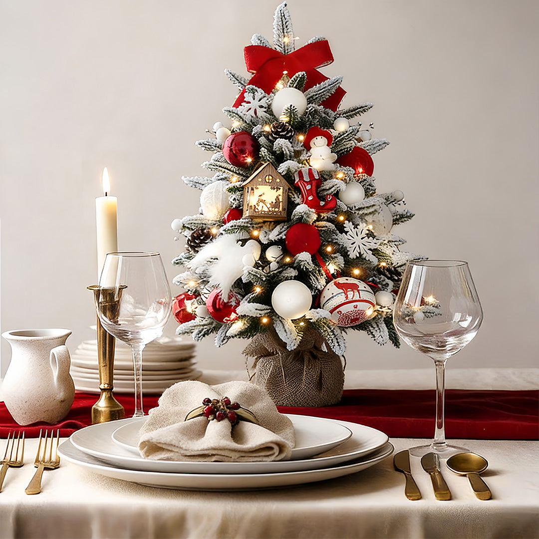 Christmas tree table lamp decorating a festive dining table with warm, holiday glow.