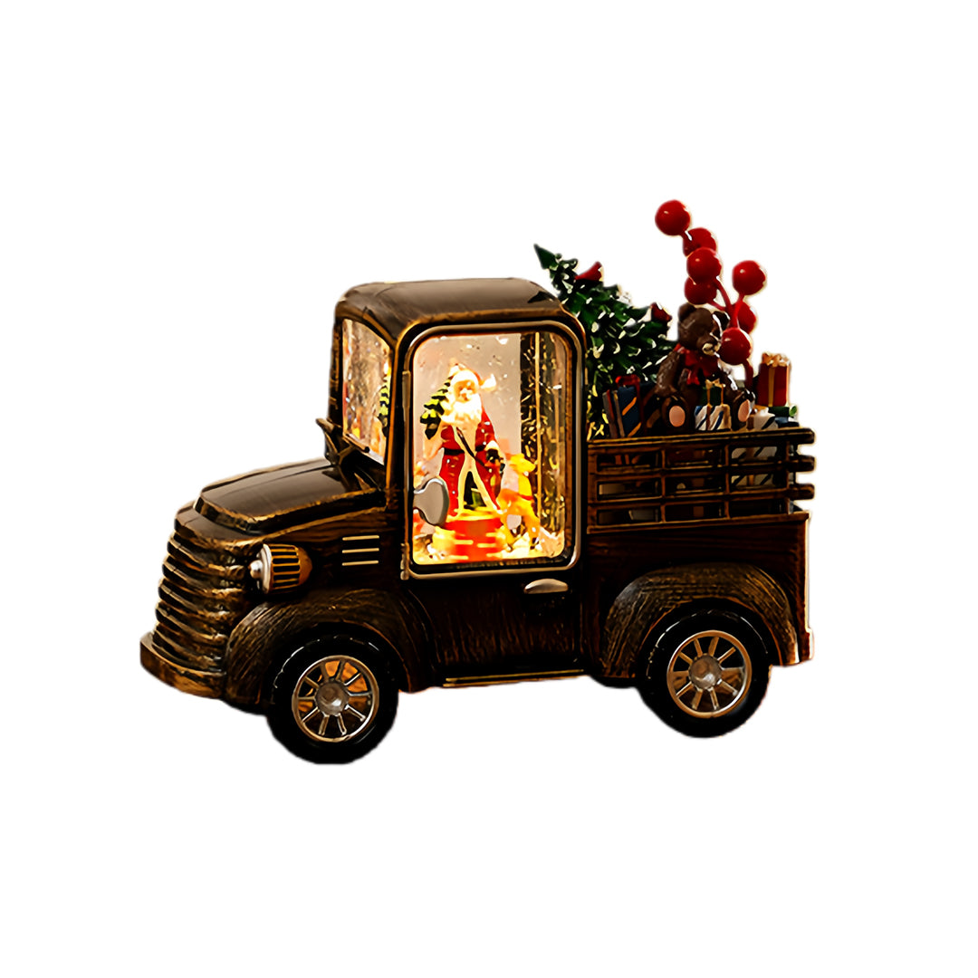 Classic Christmas truck decor with illuminated inner scene, shining softly like a modern gold table lamp.