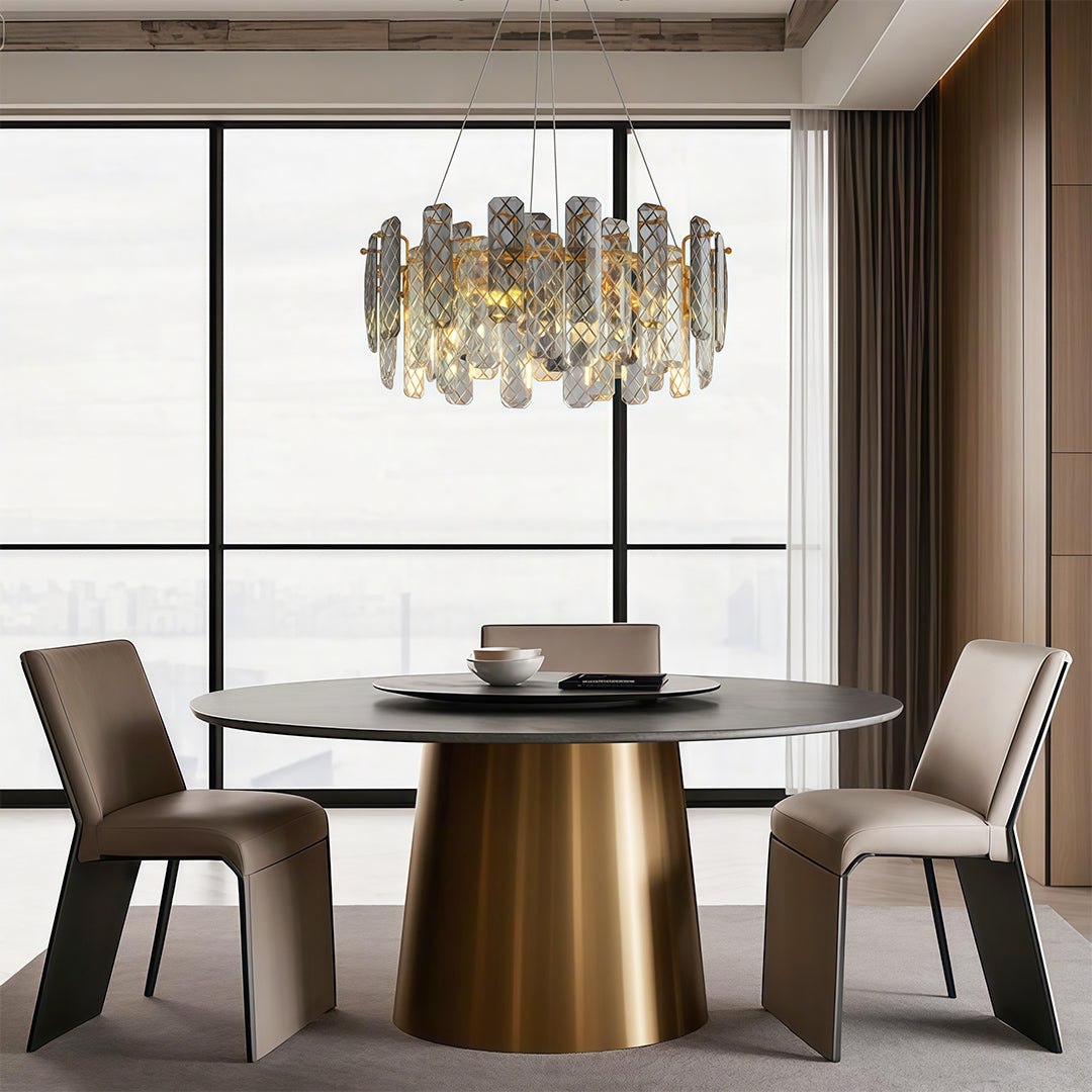 Contemporary crystal chandeliers featuring chrome frame with amber and clear crystal elements.