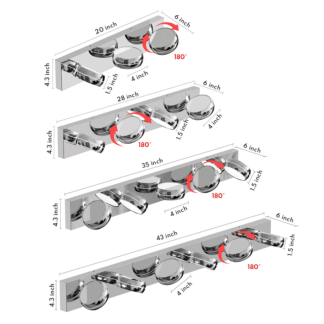 Chrome bathroom vanity light assembly with glass shade chandelier inspired multi-configuration design showing various installation options.