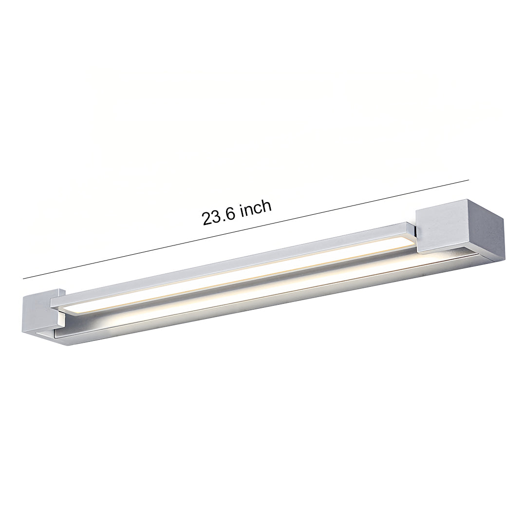 Technical specification drawing of sleek chrome bathroom vanity light with linear LED design