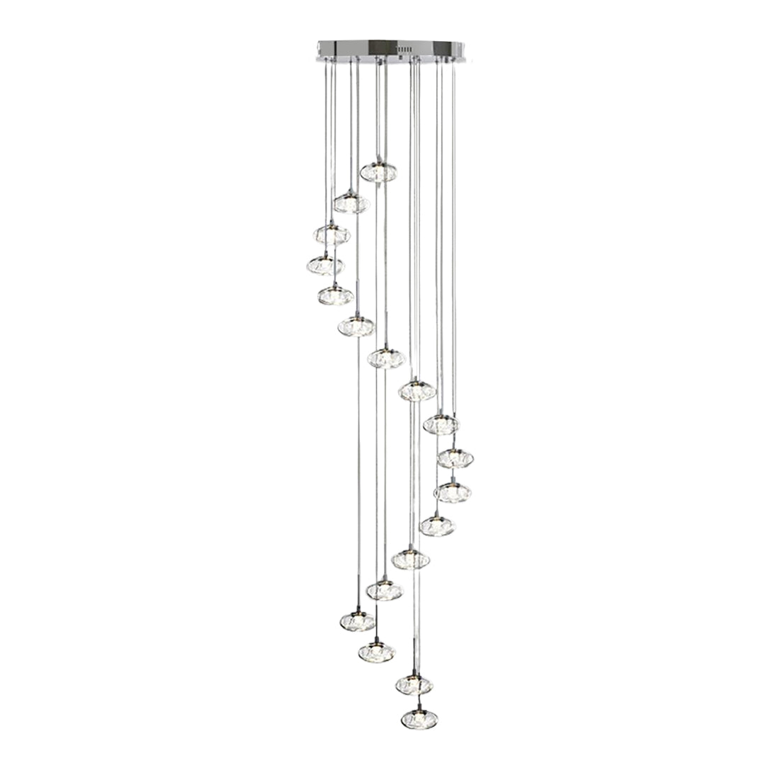 Sophisticated chandelier for tall ceilings with chrome canopy featuring multiple glass pendant shades in artistic arrangement