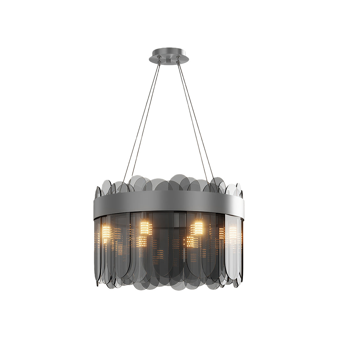 Modern copper chandelier featuring chrome with decorative edge and dark glass cylinders