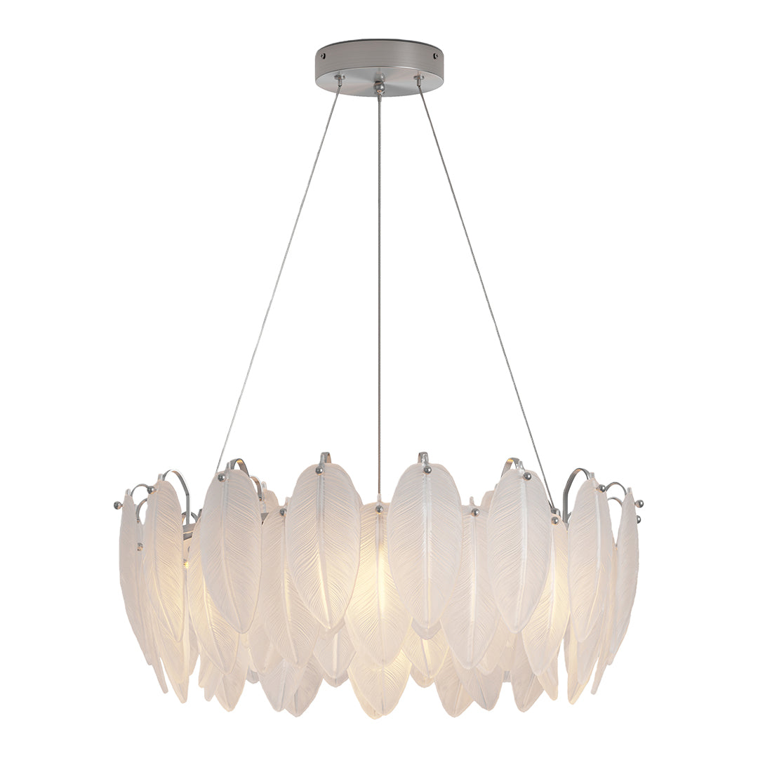 Modern luxury chandeliers in chrome with elegant feather-shaped glass elements