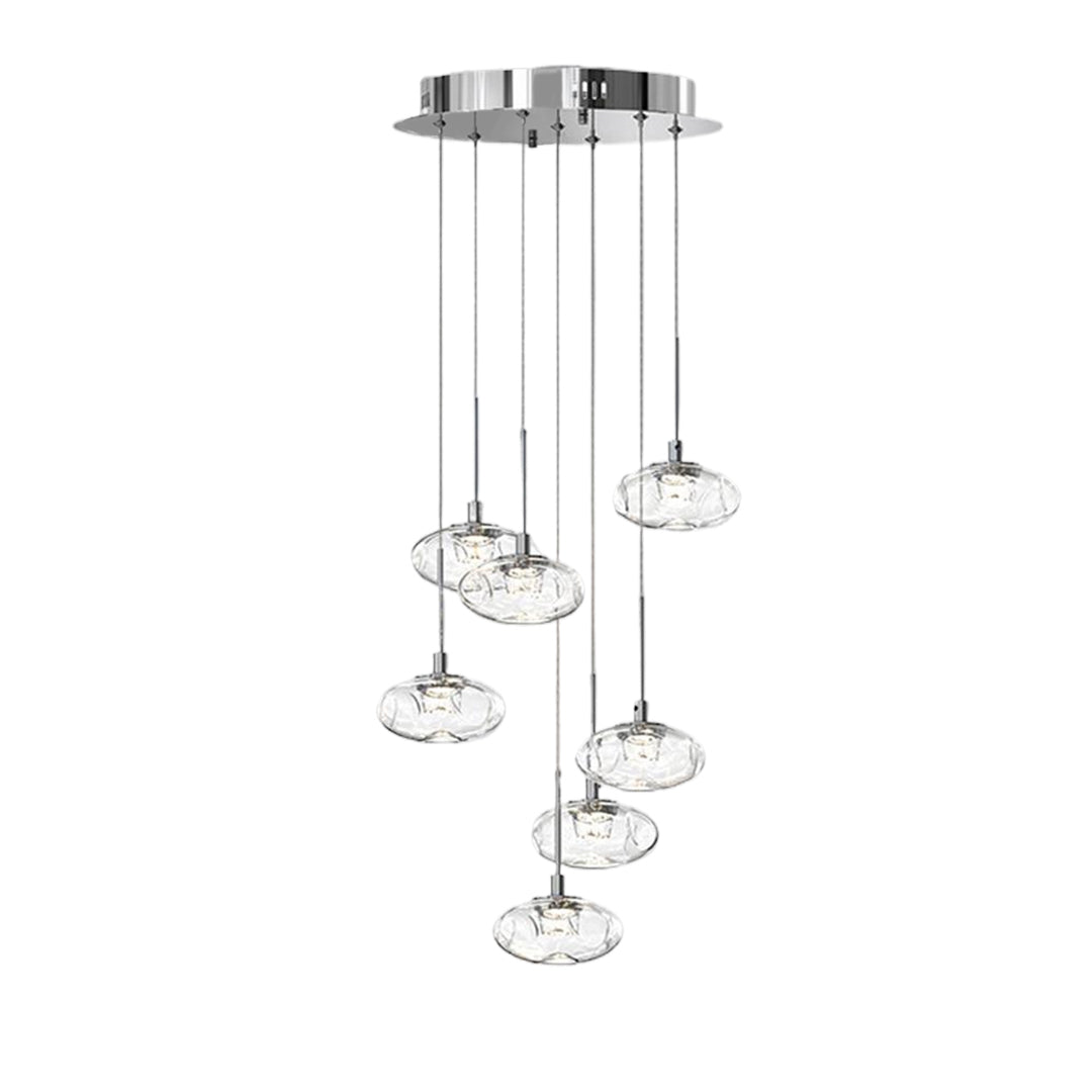 Contemporary chandelier for tall ceilings with chrome finish featuring cascading glass globe pendants in vertical design
