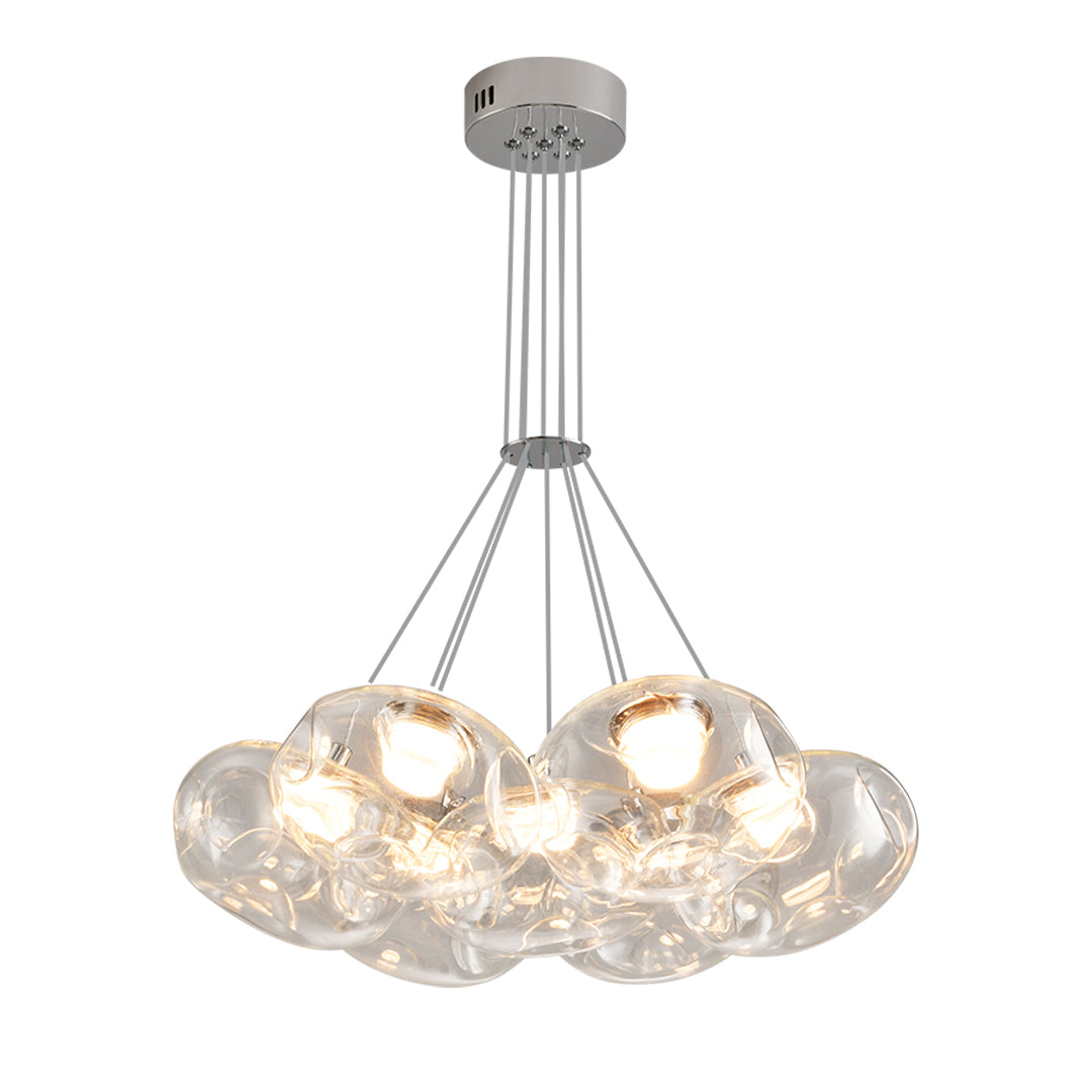 Elegant multi light chandelier with chrome finish featuring clustered glass globe bulbs in circular arrangement