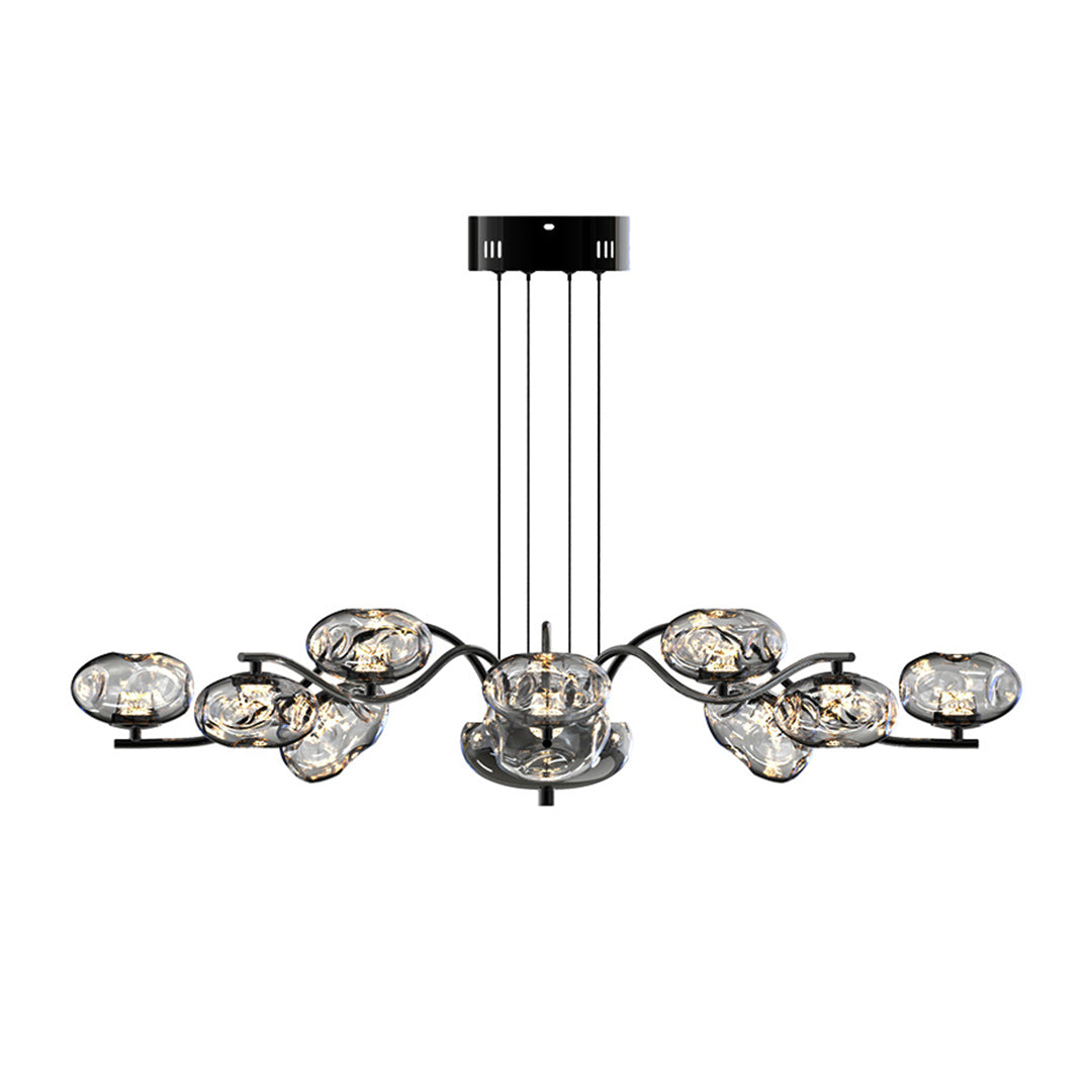 Modern LED chandelier with chrome finish showcasing multiple crystal glass shades and clean geometric lines