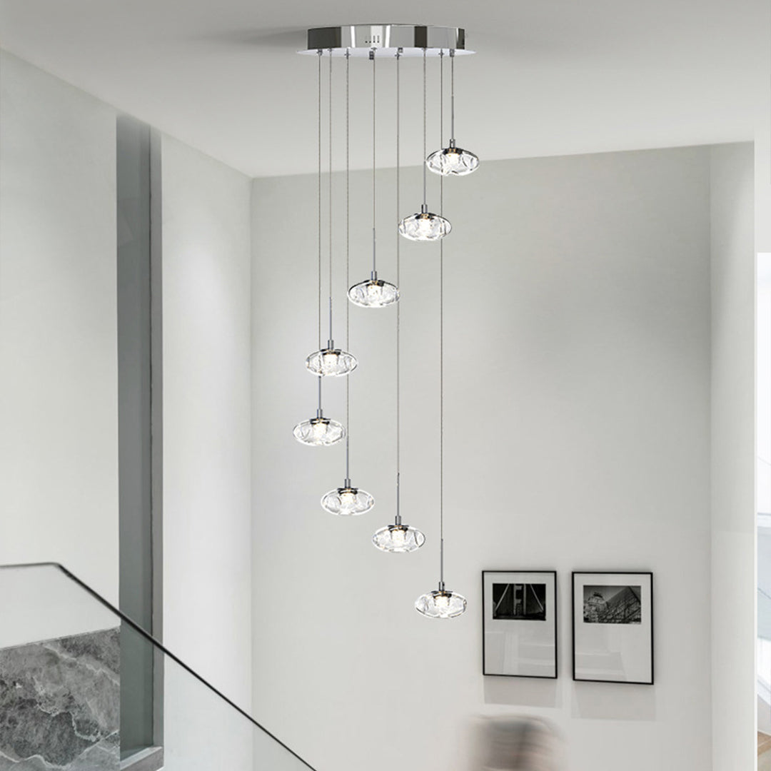 Premium chandelier for tall ceilings with chrome finish creating sophisticated atmosphere in modern high-ceiling interior
