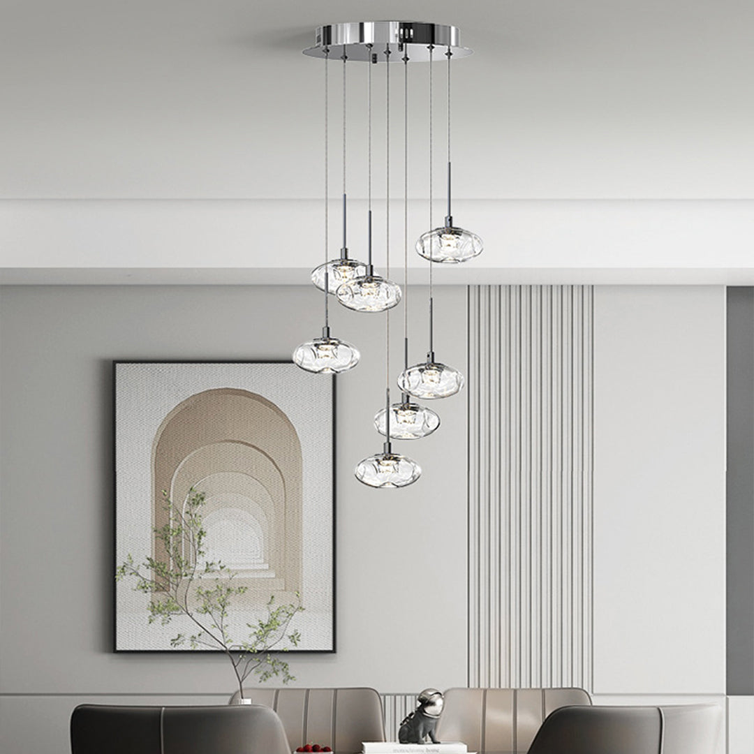 Premium chandelier for tall ceilings with chrome finish creating sophisticated atmosphere in modern high-ceiling interior