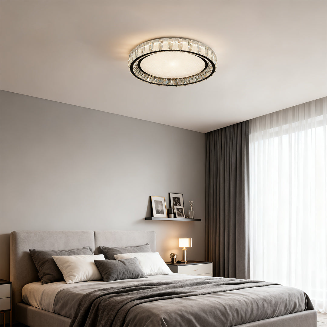 Chrome flush mount light in a cozy bedroom, enhancing the ambiance with subtle lighting.