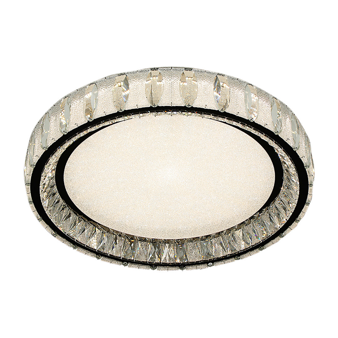 Chrome flush mount light featuring a double-ring design with crystal details and a metallic finish.