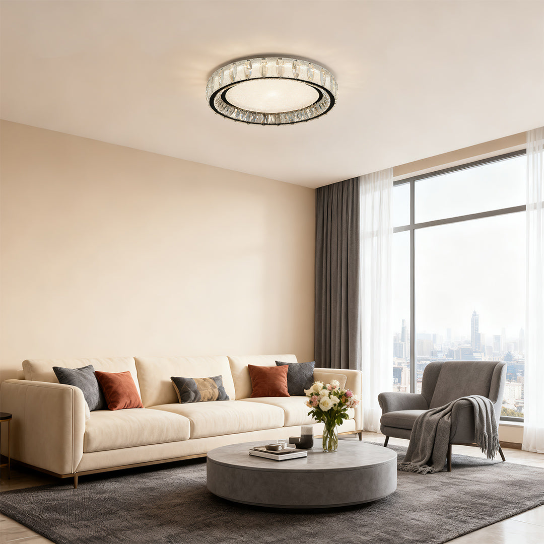Enhance your space with a chrome flush mount light featuring a faceted crystal ring, offering elegant and sparkling ceiling illumination for a sophisticated look.