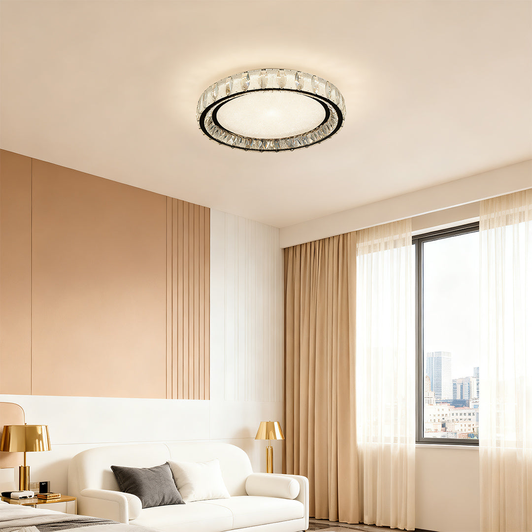 Chrome flush mount light in a minimalist living room, adding a touch of elegance to the space.
