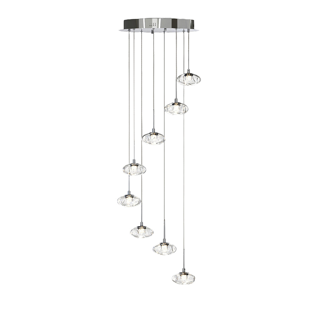 Modern chandelier for tall ceilings with chrome frame displaying cascading crystal glass shades in sophisticated arrangement