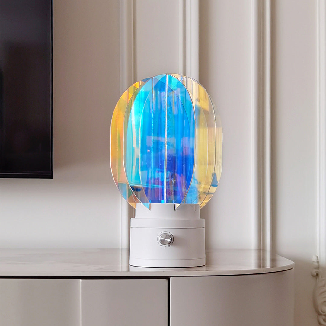 Designer colourful table lamps with chrome finish and holographic shade for living room accent lighting