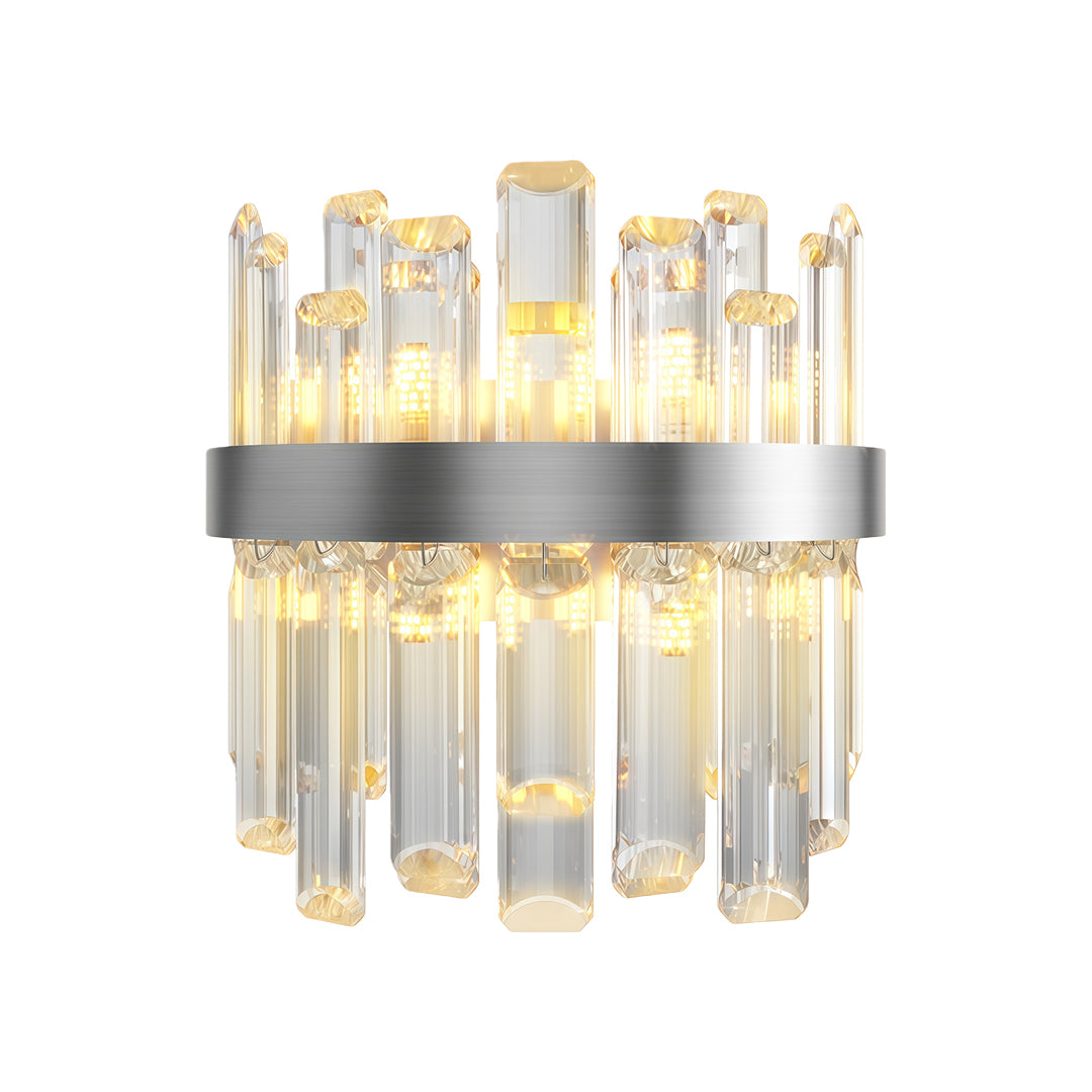 Luxury crystal chandelier featuring chrome finish with layered clear crystal elements