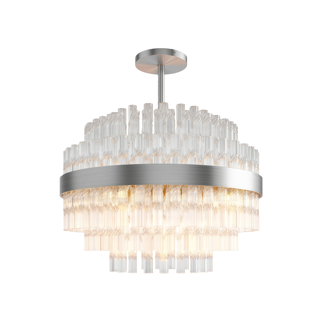 Industrial modern chandelier featuring chrome finish and layered transparent crystal elements