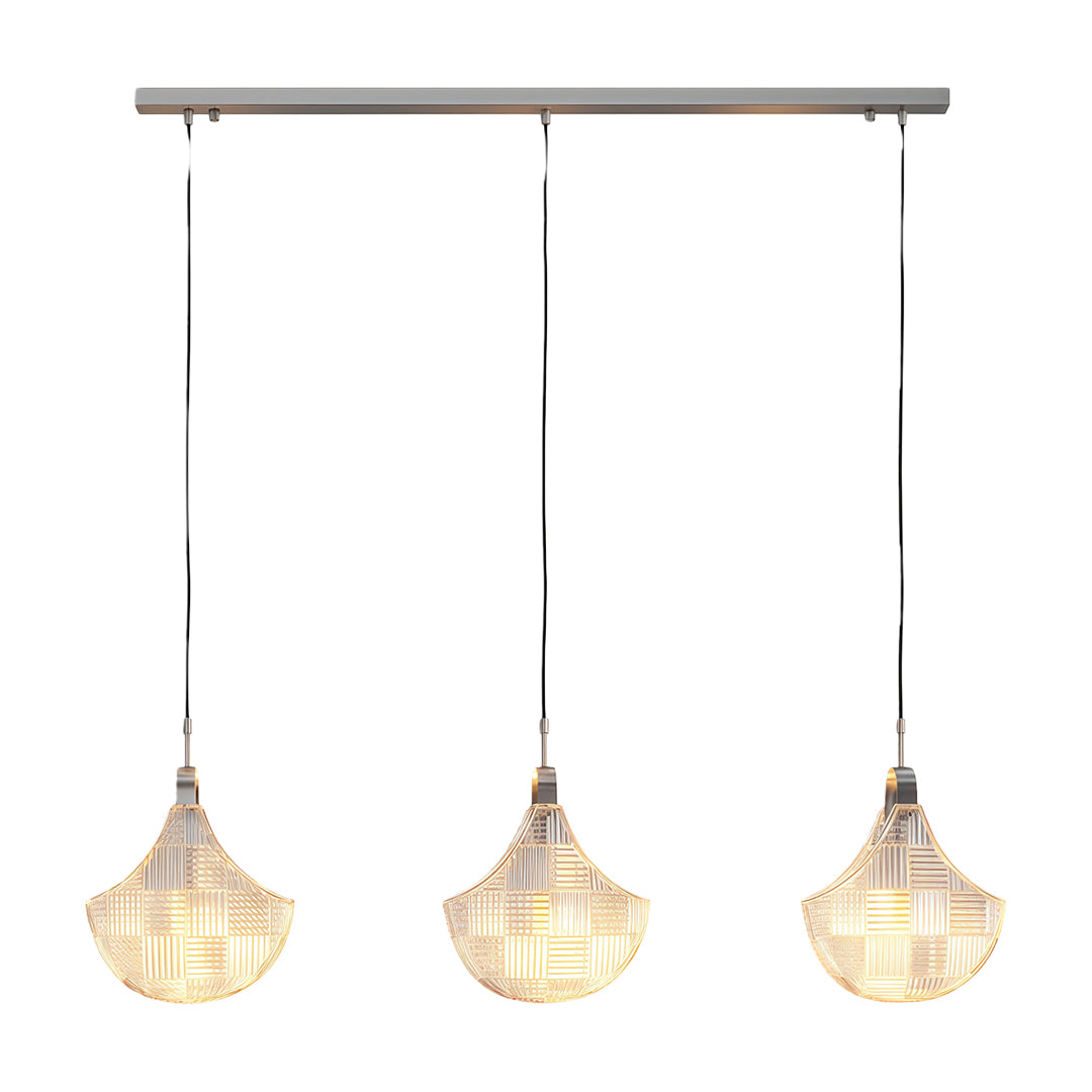 Shell chandelier light featuring chrome finish with linear three-pendant arrangement.