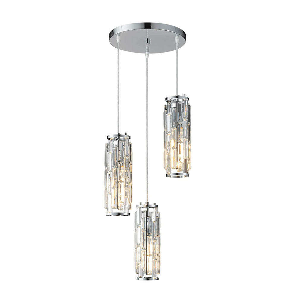 Three-light chrome mini crystal pendant fixture with modern ceiling mount.