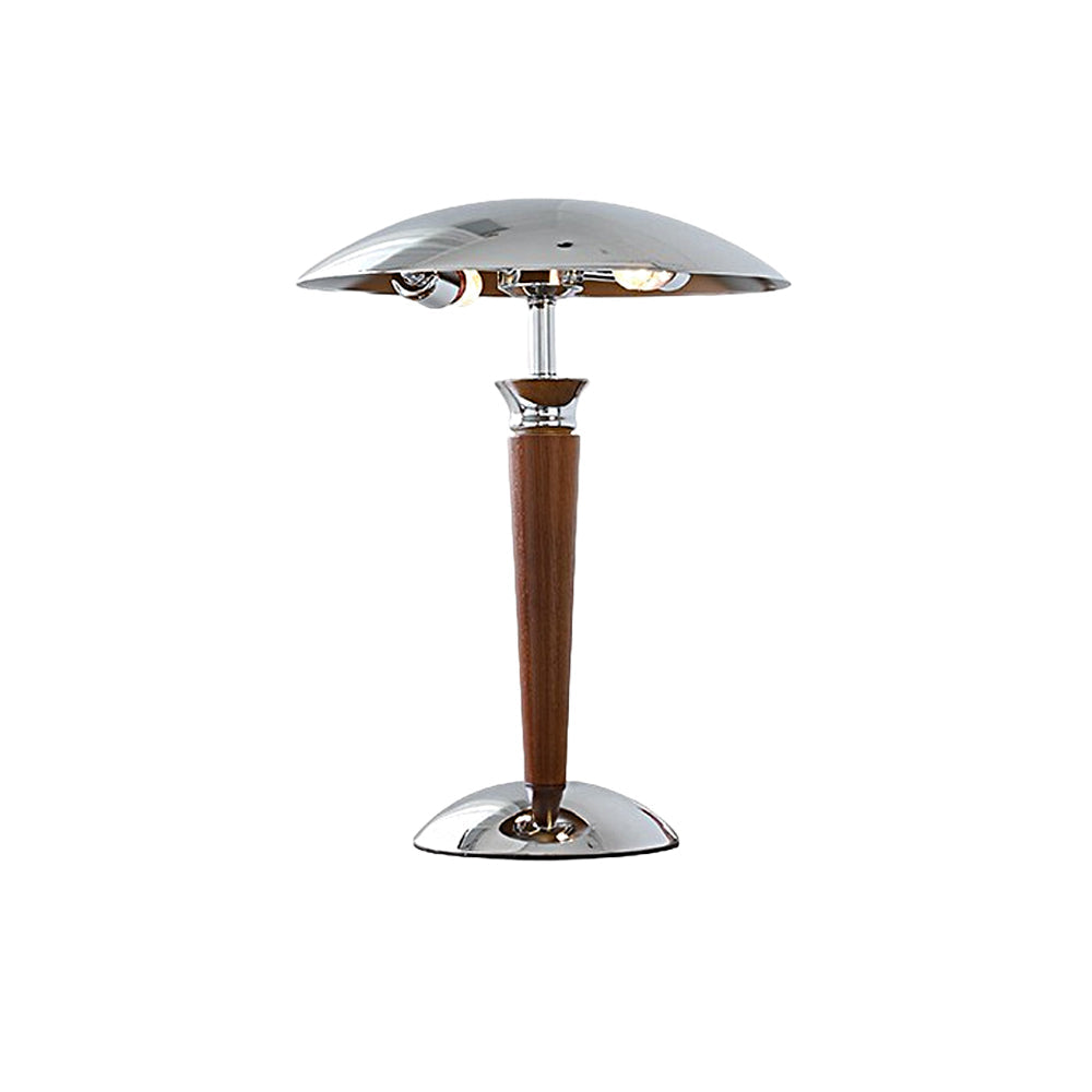 Chrome mushroom lamp with wooden base and chrome finish, standing alone on a white surface.