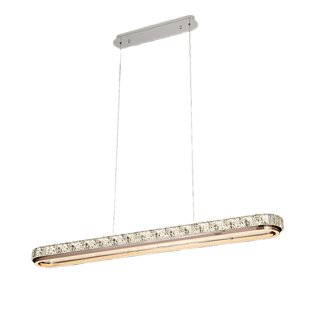 Chrome pendant light featuring a linear design with crystal details and metallic finish.