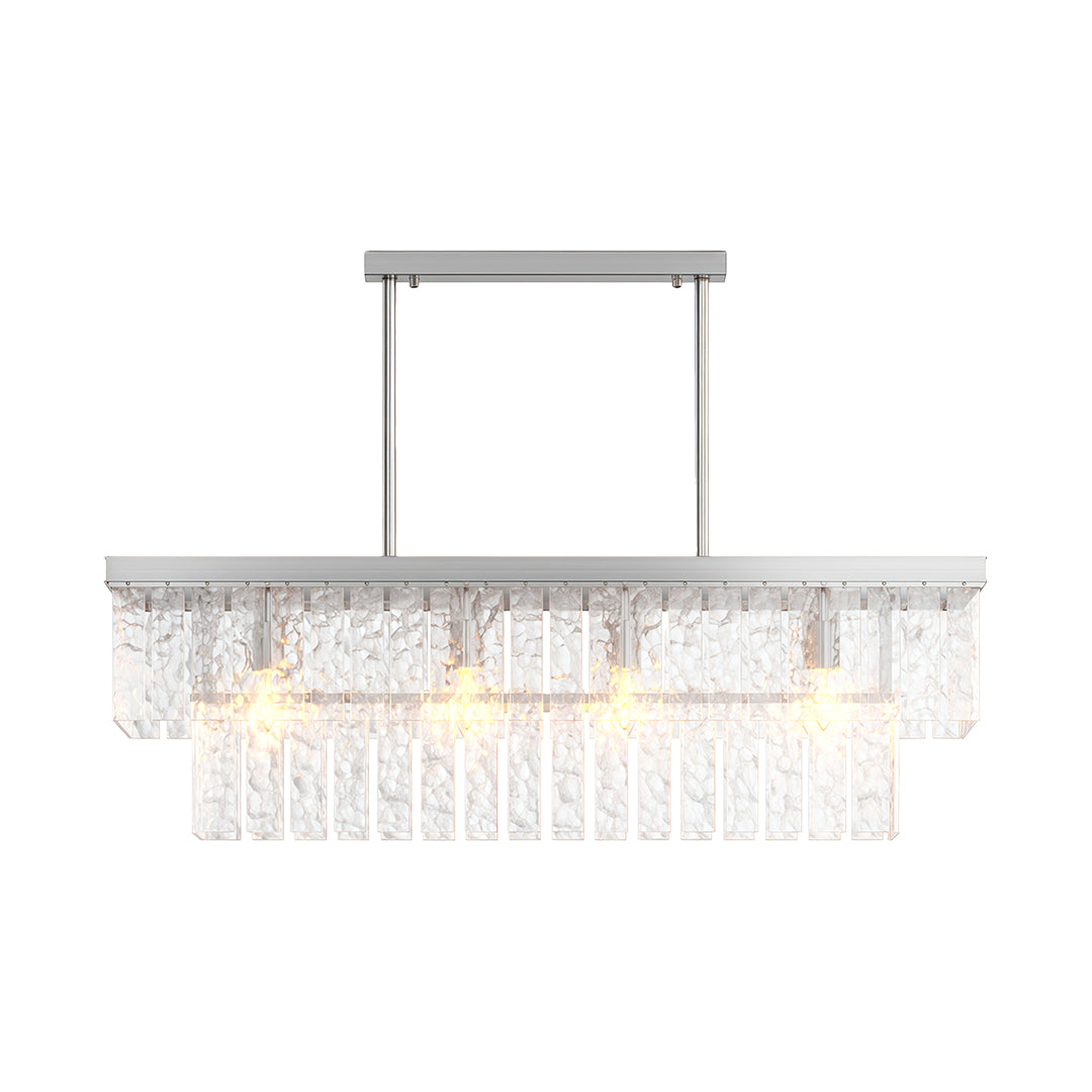 Luxury modern forms chandelier featuring chrome rectangular frame with horizontal crystal design.