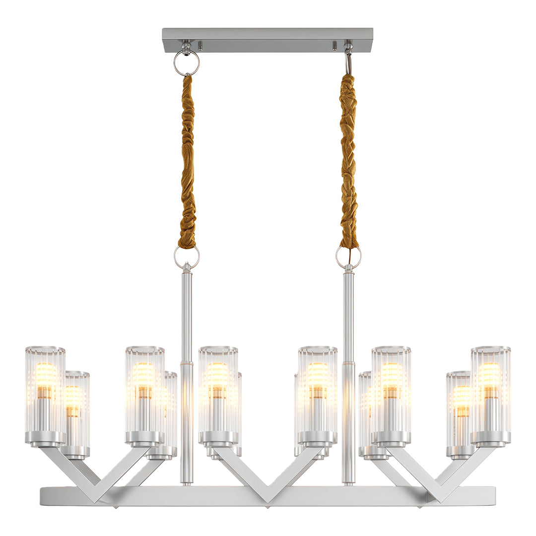 Glass drop chandelier featuring chrome rectangular frame with horizontal glass cylinders