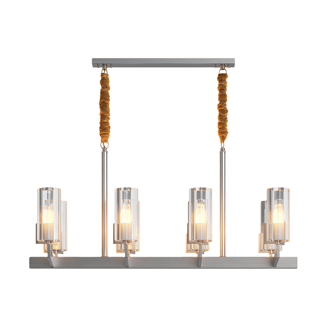 Modern luxury chandeliers featuring chrome rectangular frame with symmetrical glass arrangement