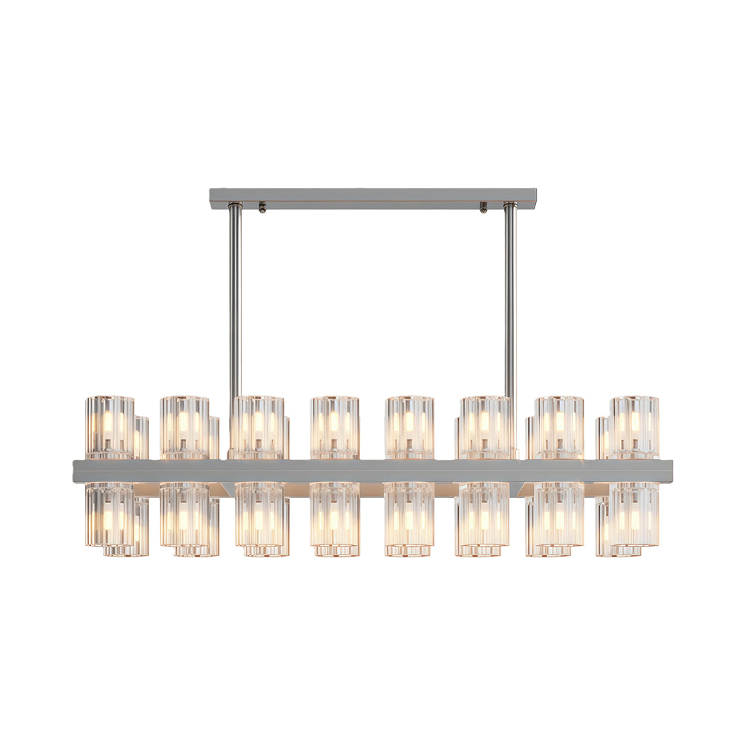 Luxury crystal chandeliers featuring chrome rectangular frame with vertical crystals.