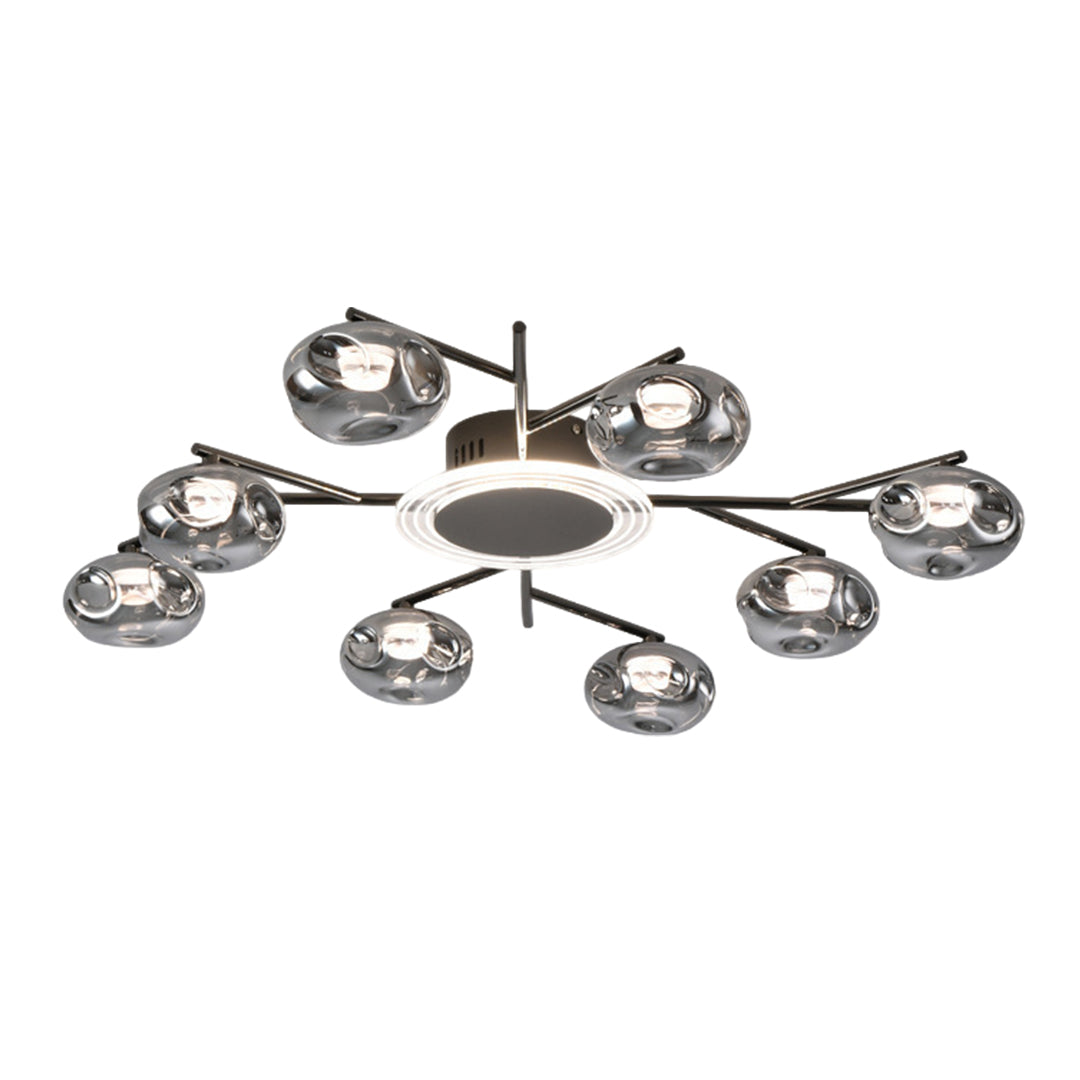 Chrome large semi flush mount lighting with sleek metal arms and contemporary glass shade arrangement