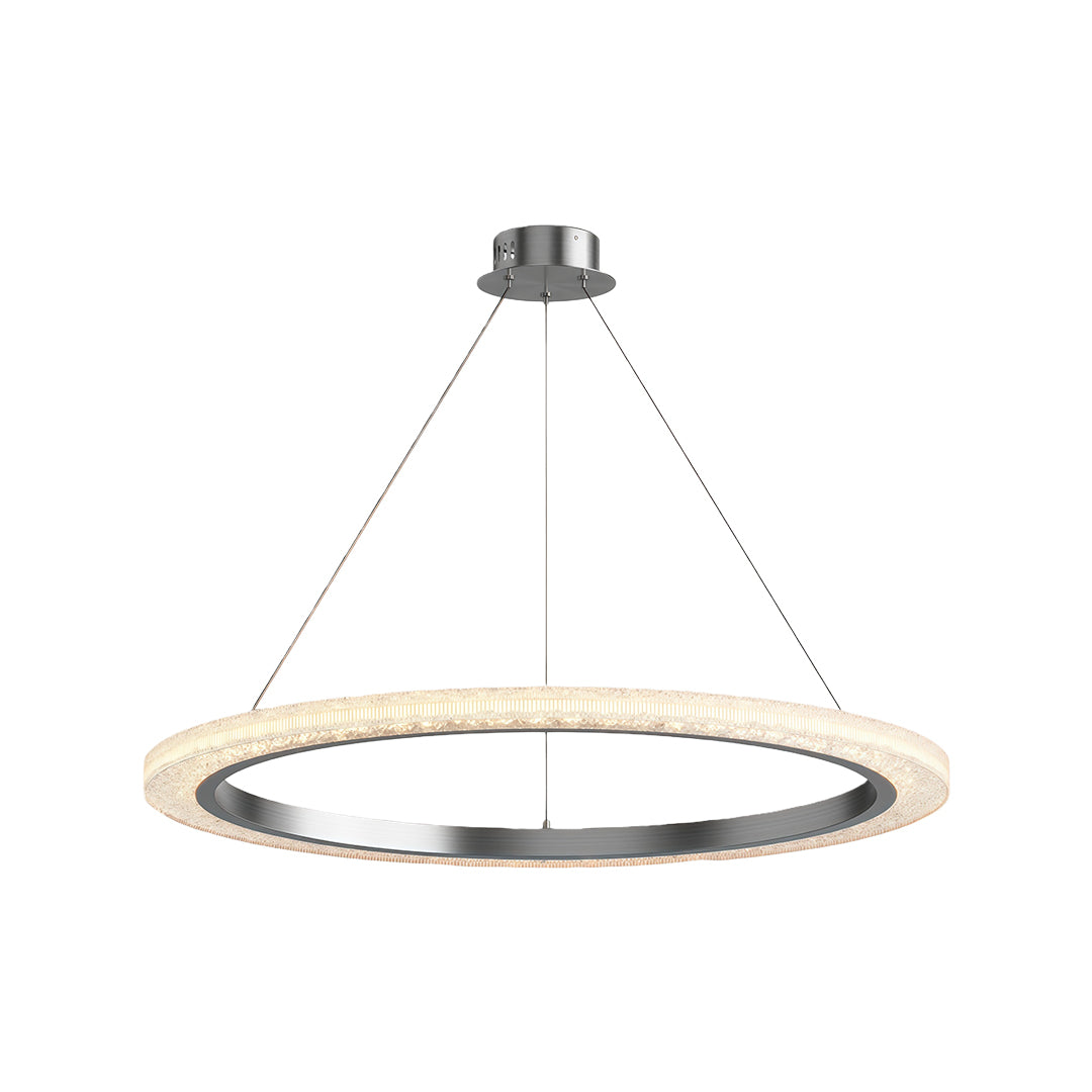 Round modern chandelier featuring chrome finish with single-ring crystal band configuration