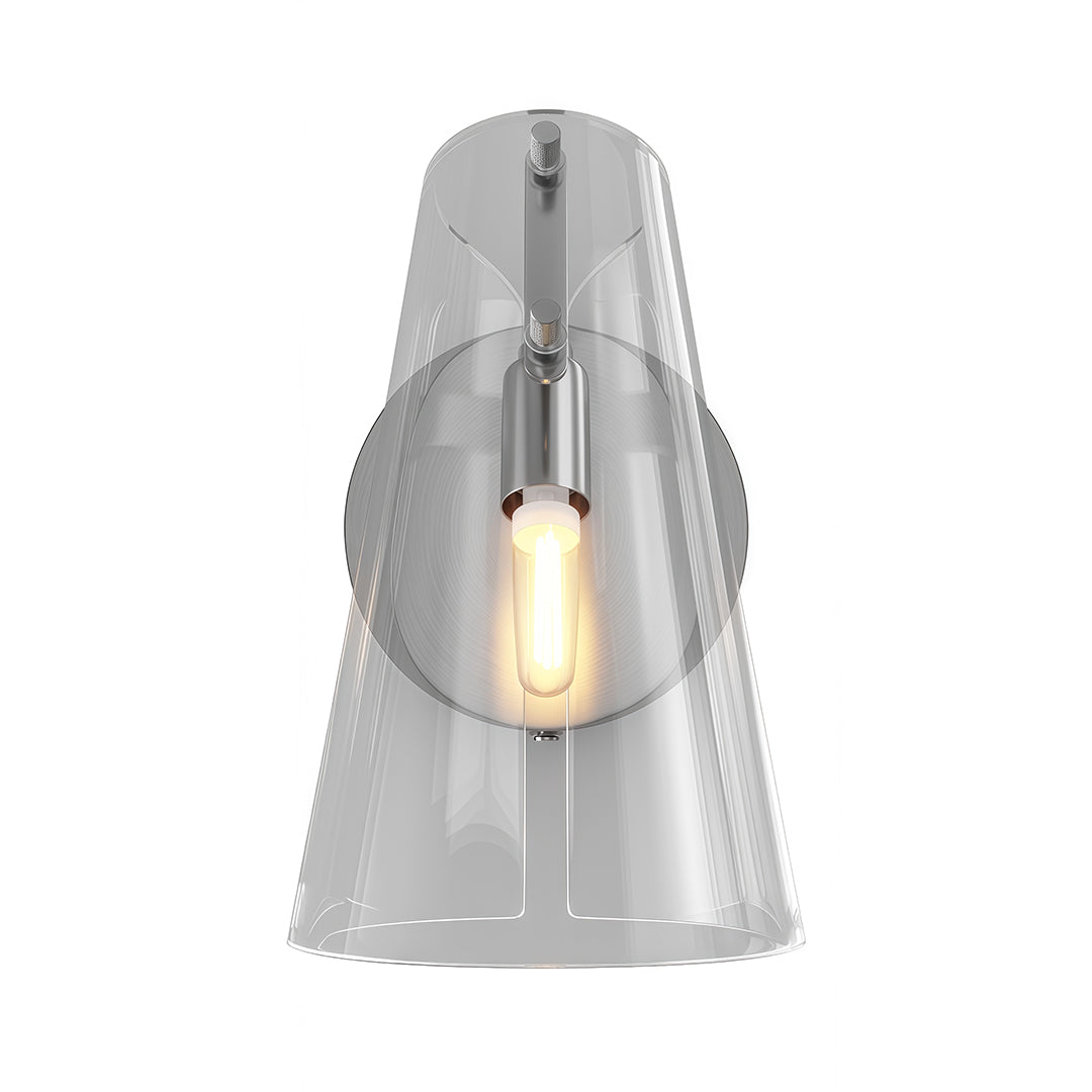 Contemporary wall sconce lighting featuring chrome finish with smoked glass cone design.