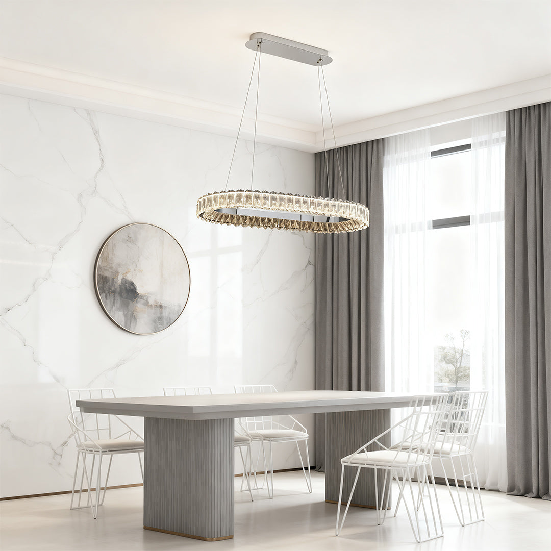 Circle chandelier installed above a dining table, enhancing the dining experience with elegant lighting.